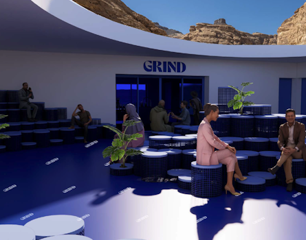Desert X Visitor Centre pop-up design by Studio Königshausen. The Grind coffee bar emerges as an inviting centrepiece within the historic landscape, inviting visitors to immerse in the fusion of contemporary design and the timeless allure of AlUla. 